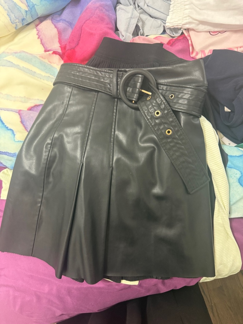 Zara Black Faux Leather A-Line Skirt with Belt